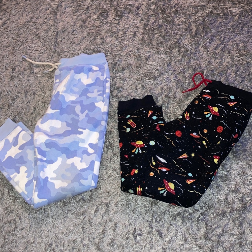 Lands' End Kids Blue Camo and Space Print fleece Joggers 10-12 large LG